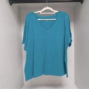 Eileen Fisher Womens XL Blue Green Vneck Tee Shirt Short Sleeve 100% Cotton